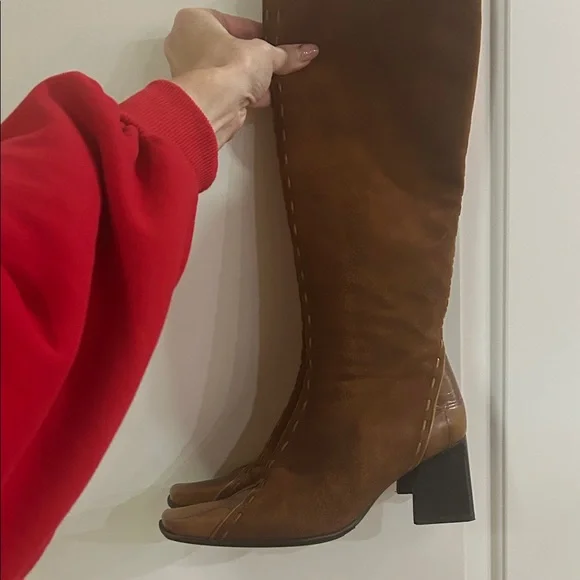 Made In Italy Camel Tan Brushed Suede and Leather High Calf Heeled Boots - Picture 9 of 14